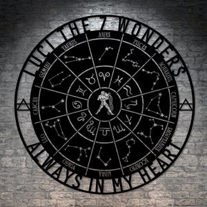Placa de metal personalizada com o nome da roda do zodíaco de Aquário. Decoração de parede astrológica personalizada. Presentes celestiais. Placa decorativa para pendurar com o signo de Aquário.