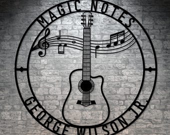 Personalized Guitar And Notes Name Metal Sign. Acoustic Guitar Name Gift. Custom Music Lover Decor. Musician Wall Hanging. Musical Name Gift