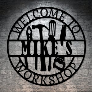 Letrero metálico personalizado con el nombre del taller. Decoración de pared para garaje personalizada. Manitas. Letrero de herramientas de bricolaje. Letrero de acero para reparador. Decoración de taller.