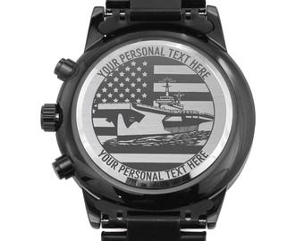 Personalisierte Laser-Gravur US-Schlachtschiff Armbanduhr. Benutzerdefinierte Vaterländischer Marine Flugzeugträger Schmuck Geschenk. Einzigartiger Navy Sailor Geschenk für Ihn