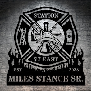 Firefighter Personalized Metal Sign Gift. Custom Fire Department Maltese Cross Wall Decor. Customized Name Sign For US Fireman. Fire Chief