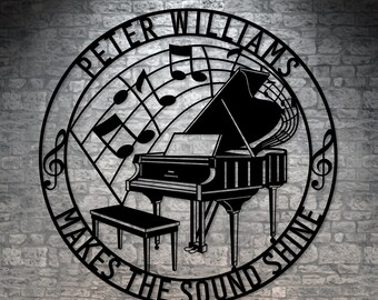 Targa in metallo personalizzata con nome, pianoforte e note. Decorazione murale personalizzata per pianisti. Regalo personalizzato per musicisti e artisti. Decorazione da parete per musicisti e artisti.