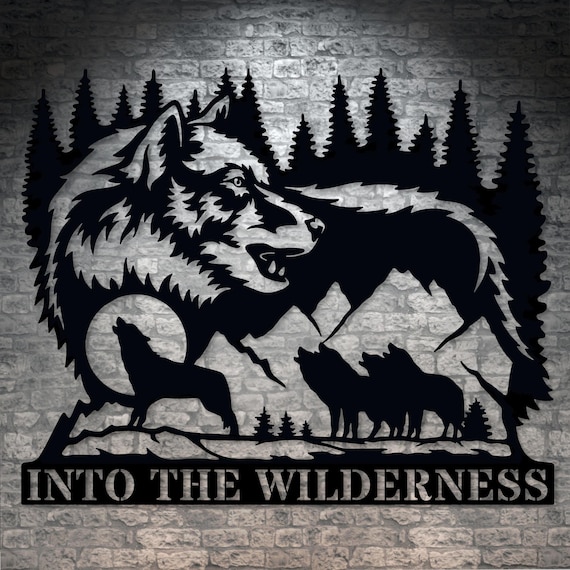 Personalized Howling Wolf Name Metal Sign Gift. Custom Wolf Family Wall Decor. Cabin Wolf Name Display. Mountain Rach Portrait Wall Art Gift