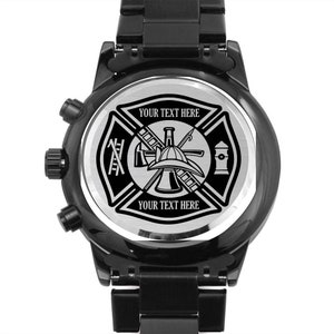 Personalized Firefighter Department Metal Custom Name Watch Gift. Fireman Laser-Engraved Wristwatch. First Responder. Maltese Cross Jewelry