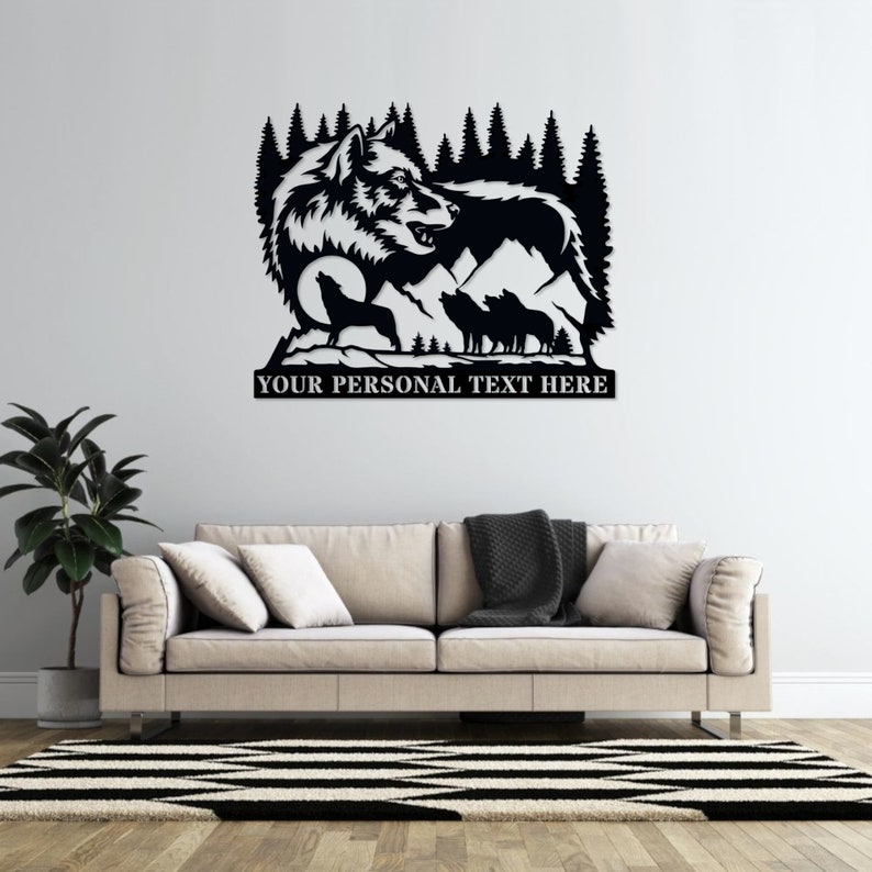 Personalized Howling Wolf Name Metal Sign Gift. Custom Wolf Family Wall Decor. Cabin Wolf Name Display. Mountain Rach Portrait Wall Art Gift