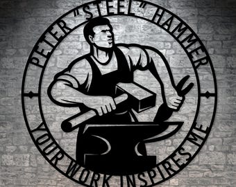 May include: Black and white silhouette of a blacksmith working at an anvil with a hammer and tongs. The text "Peter "Steel" Hammer Your Work Inspires Me" is around the silhouette.