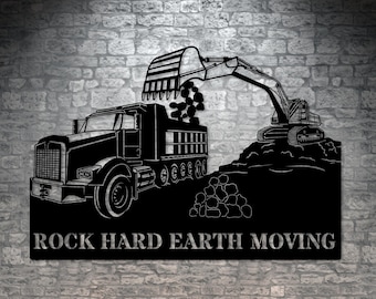 May include: Black and white silhouette of a dumper truck and an excavator loading rocks into the truck. The text "ROCK HARD EARTH MOVING" is below the image.