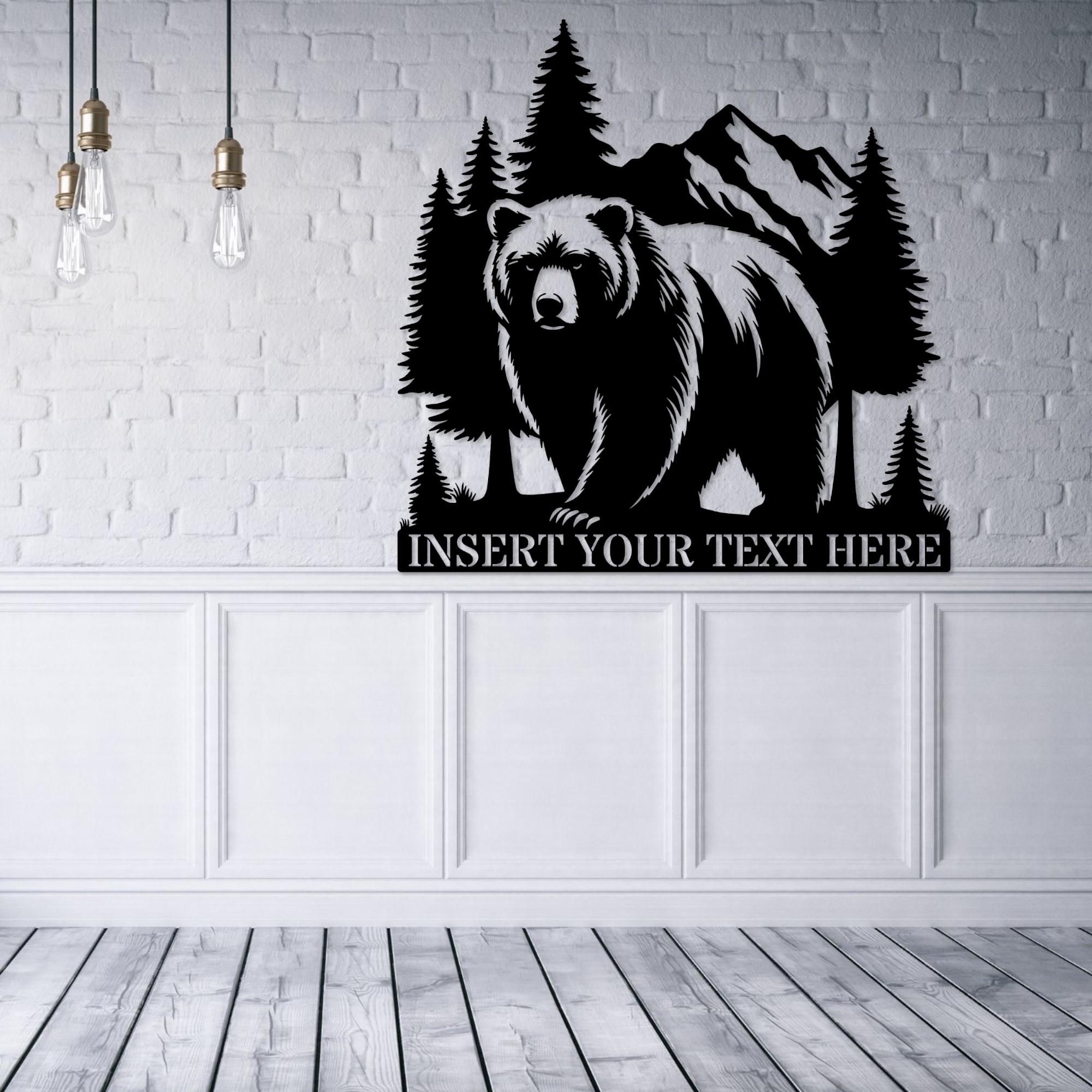 Targa Metallica Personalizzata Con Orso E Montagna - Decorazione Parete Per Esterni/Interni, Cognome O Monogramma