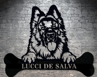 Personalized Long-Haired German Shepherd Name Metal Sign. Customizable Dog Owner Wall Decor Gift. Yard Sign. Dog House Name Sign
