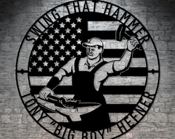 Personalized Blacksmith Horseshoer Metal Sign With Custom Text, Patriotic US Metal Worker. Customizable American Flag Gift, Anvil Craftsman