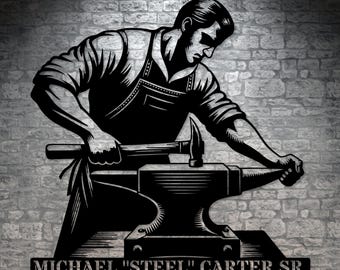 May include: Black and white silhouette of a blacksmith working at an anvil with a hammer. The text "MICHAEL "STEEL" CARTER SR." is below the image.