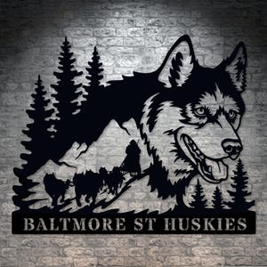 Personalized Husky Sled Dog Portrait Name Metal Sign. Custom Husky Wall Decor Gift. Nature Landscape Design. Mountains Custom Text Monogram