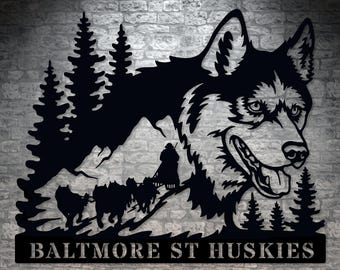 Personalized Husky Sled Dog Portrait Name Metal Sign. Custom Husky Wall Decor Gift. Nature Landscape Design. Mountains Custom Text Monogram
