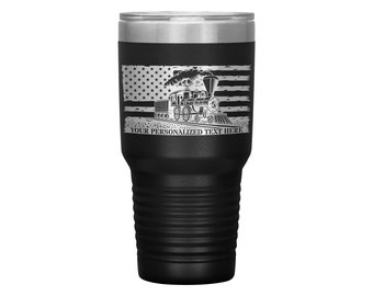 Personalized American Vintage Railroad Train Tumbler With Lid,  Locomotive Drinkware Gift, Custom Laser Engraved Steam Train Tumbler Gift