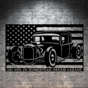 Personalized US Hot Rod Name Metal Sign. American Rat Rod Custom Car Wall Decor Gift. Mechanic Garage Wall Hanging. Patriotic Garage Decor