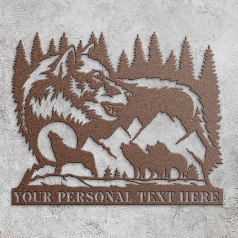 Personalized Howling Wolf Name Metal Sign Gift. Custom Wolf Family Wall Decor. Cabin Wolf Name Display. Mountain Rach Portrait Wall Art Gift
