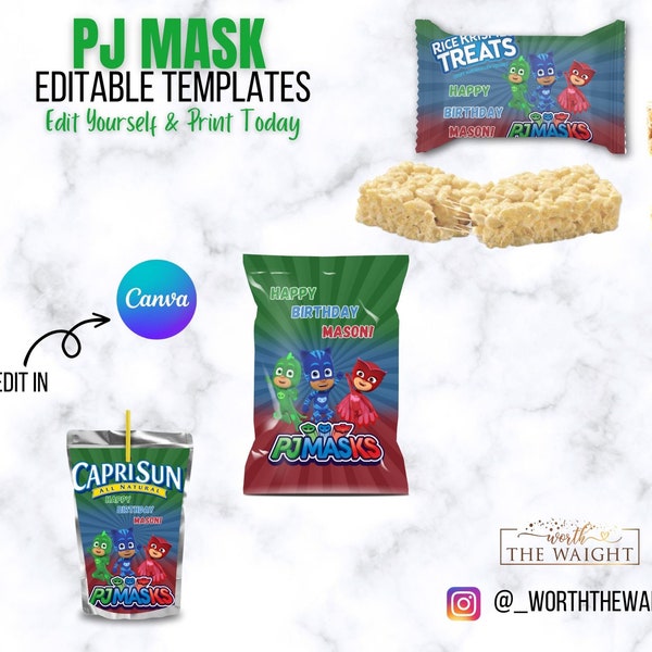 EDITABLE Kids Birthday Party Template, PJ MASK Birthday Theme Bundle, Instant Download Birthday Party Bundle, party favors, chip bags