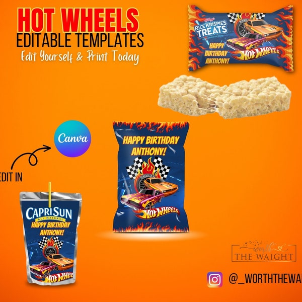 EDITABLE Kids Birthday Party Template, HOT WHEELS Birthday Theme Bundle, Instant Download Birthday Party Bundle, party favors, chip bags