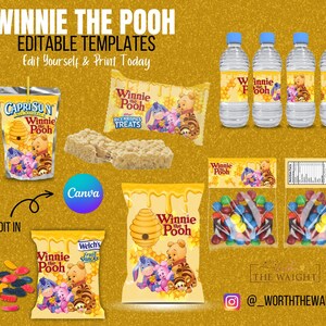 EDITABLE Kids Birthday Party Template, Winnie the Pooh Theme Bundle, Instant Download Baby Shower Bundle, party favors, chip bags