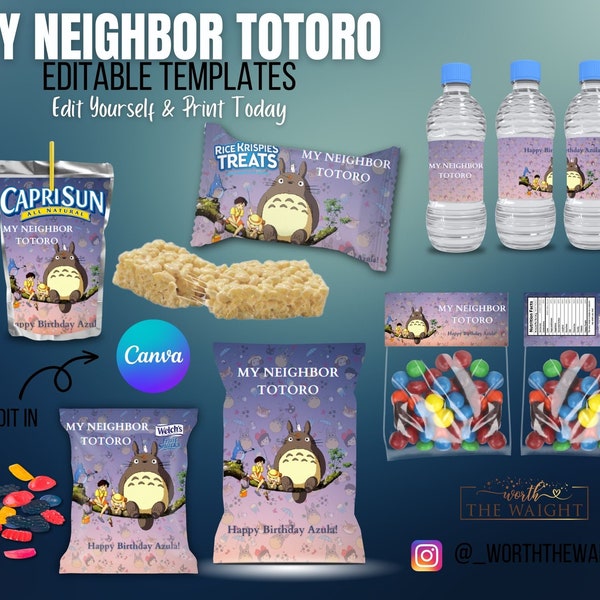 EDITABLE Kids Birthday Party Template, My NEIGHBOR TOTORO  Theme Bundle, Instant Download Birthday Party Bundle, party favors, chip bags