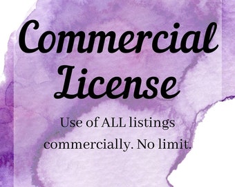 May include: A purple watercolor background with the text "Commercial License" and the description "Use of ALL listings commercially. No limit."