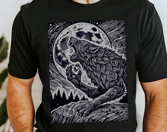 Vintage Wolf 90s Graphic Shirt,Retro Werewolf  Shirt,Alpha Wolf T-shirt,Dreamy Abstract Dark Art Tee,Grimdark Shirt,Moon Shirt, Wolf Gift