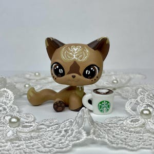 Littlest Pet Shop LPS OOAK Custom Sitting Shorthair Cat Coffee Latte Inspired Brown and White