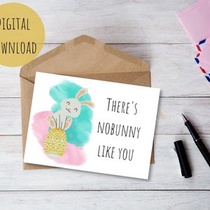 デジタルダウンロードイースターカード、印刷可能なグリーティングカード、イースターバニー、しゃれ
