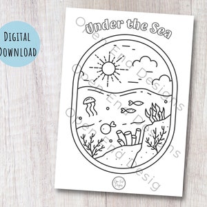 K&ouml;nnte beinhalten: Schwarz-wei&szlig;es Line-Art-Malbuch mit einer Unterwasser-Szene mit Sonne, Wolken, Fischen, Algen und einer Qualle. Der Text "Under the Sea" steht oben auf der Seite.