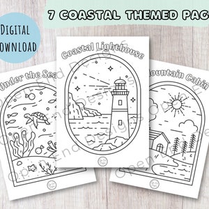 Coastal Coloring Pages//Instant Download Printable Coloring Pages// Ocean Coast Mountain Themed Kids Coloring// Seven Pages