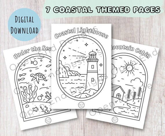 Coastal Coloring Pages//Instant Download Printable Coloring Pages// Ocean Coast Mountain Themed Kids Coloring// Seven Pages