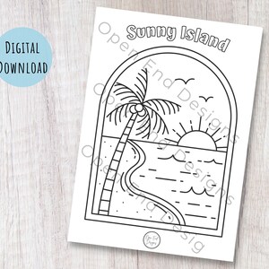 K&ouml;nnte beinhalten: Eine Schwarzwei&szlig;-Zeichnung einer sonnigen Inselszene. Das Bild zeigt eine Palme, einen Strand, das Meer und eine Sonne mit Strahlen. Der Text "Sunny Island" befindet sich oben im Bild.