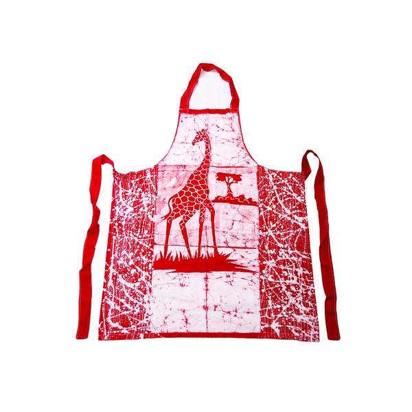 Handmade kitchen apron made of African fabric -Colored fabric with the batik technique - red color -Pattern : Giraffe