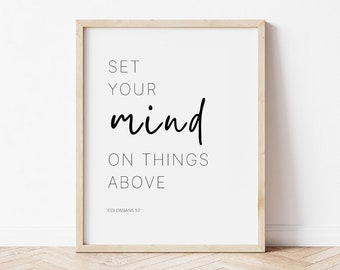 Fije su mente en las cosas de arriba, Colosenses 3: 2 Signo, Arte bíblico de la pared, Arte cristiano moderno, Impresión de citas bíblicas, Decoración cristiana del hogar