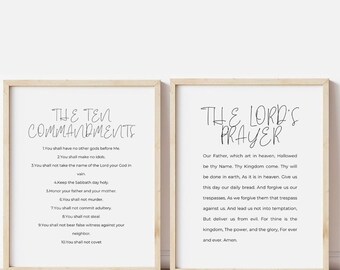La oración del Señor imprimible, los diez mandamientos, juego de 2 impresiones, verso de la Biblia imprimible, decoración del hogar cristiano, arte de la pared de las Escrituras