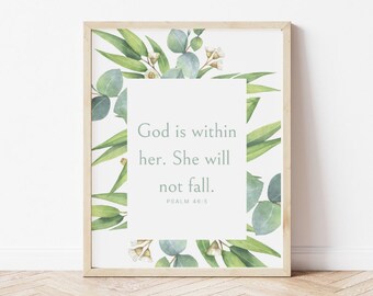 Dios está en ella, no caerá, Salmo 46:5, Arte cristiano moderno, Arte mural bíblico, Impresión de versículos bíblicos botánicos, Letrero bíblico