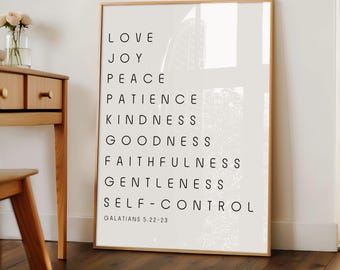 Gálatas 5:22-23, Fruto del Espíritu Imprimible, Arte Cristiano Moderno, Biblia, Arte Bíblico Mural, Amor, Alegría, Paz, Paciencia, Amabilidad, Bondad