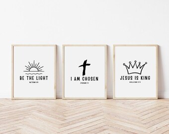 Sé la luz, Jesús es rey, soy elegido, arte de pared de 3 piezas, verso bíblico imprimible, decoración de escritura de pared, arte de pared moderno, arte cristiano