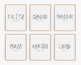 Soy el arte de la pared imprimible de las afirmaciones del verso de la Biblia, conjunto de 6 afirmaciones positivas de las Escrituras cristianas, impresión digital, regalo de inauguración de la casa