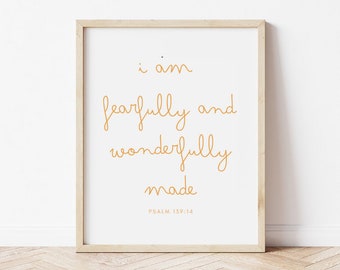 Estoy temeroso y maravillosamente hecho arte mural, Salmo 139:14, versículo bíblico de guardería, arte de pared de las Escrituras de guardería, decoración de guardería cristiana