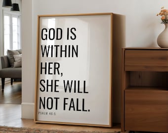 Dios está en ella, no caerá. Impresión, Salmo 46:5, Arte mural bíblico, Versículo bíblico imprimible, Escritura en blanco y negro, Decoración cristiana.