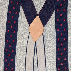 Embroidered Braces Suspenders Sterling Pound Blue and Red Leather Join Made in the UK