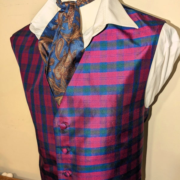 Red and Blue Tartan Silk Waistcoat Vest 48 Chest Check Plaid Vest