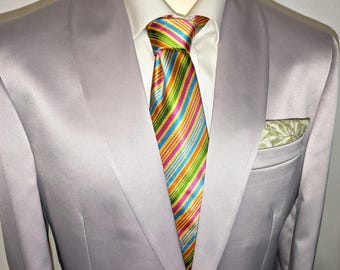 Cravate En Soie 100% Made In Italy – Jaune à Rayures Beige/bordeaux, Largeur 7 Cm, Longueur 148 Cm, Neuf Avec étiquettes