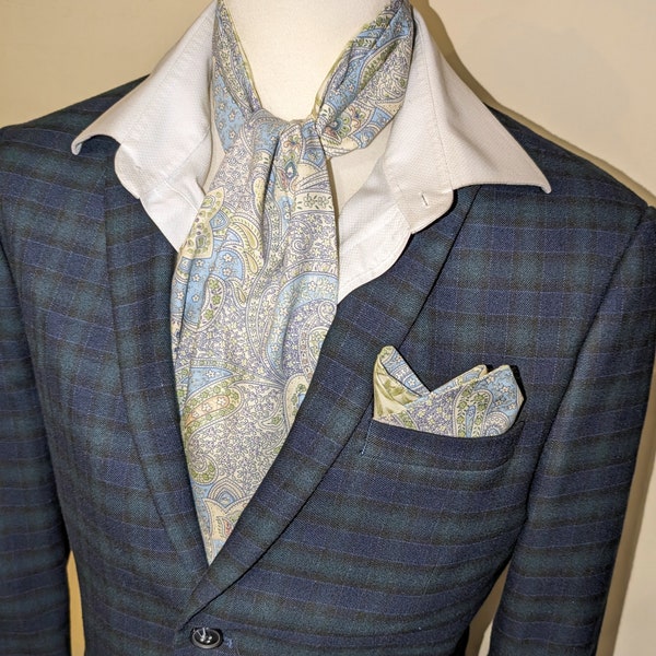Cravat Ascot and Pocket Square in Paisley and William Morris Willow Print Liberty Light Blue and Green