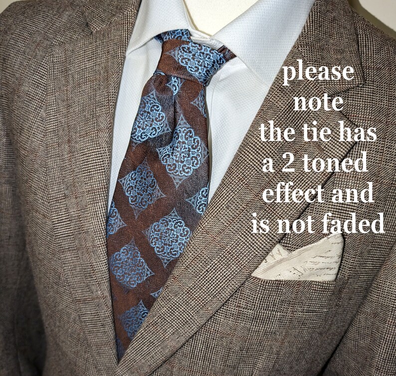 Corbata marrón y azul en tejido tapiz de seda vegana Vintage Kipper Tie imagen 3