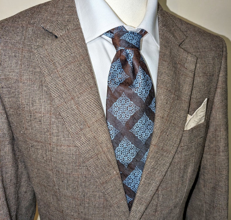 Corbata marrón y azul en tejido tapiz de seda vegana Vintage Kipper Tie imagen 6