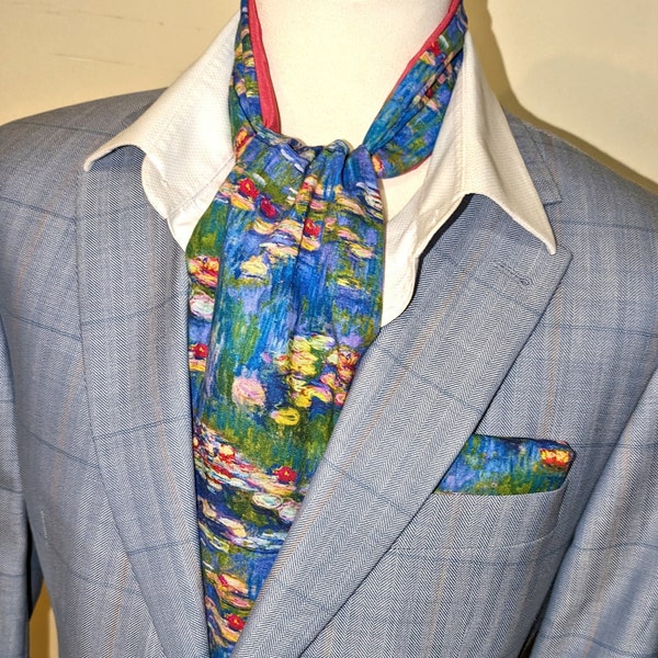 Blue Cravat Ascot and Pocket Square in Claude Monet Cotton and Silk Waterlilies Blue and Salmon Pink