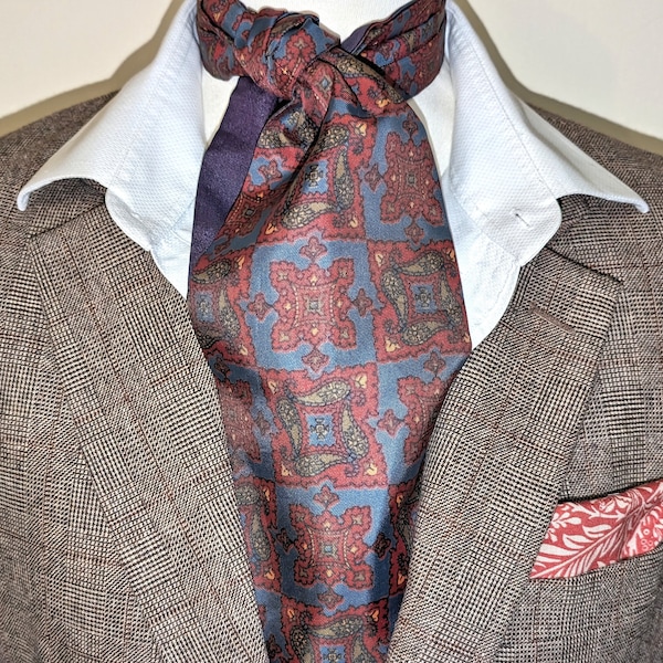 Red and Blue Silk Paisley Cravat Ascot Vintage