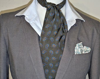 Olive Green Paisley Ascot Cravat in Silk by Tootal of England